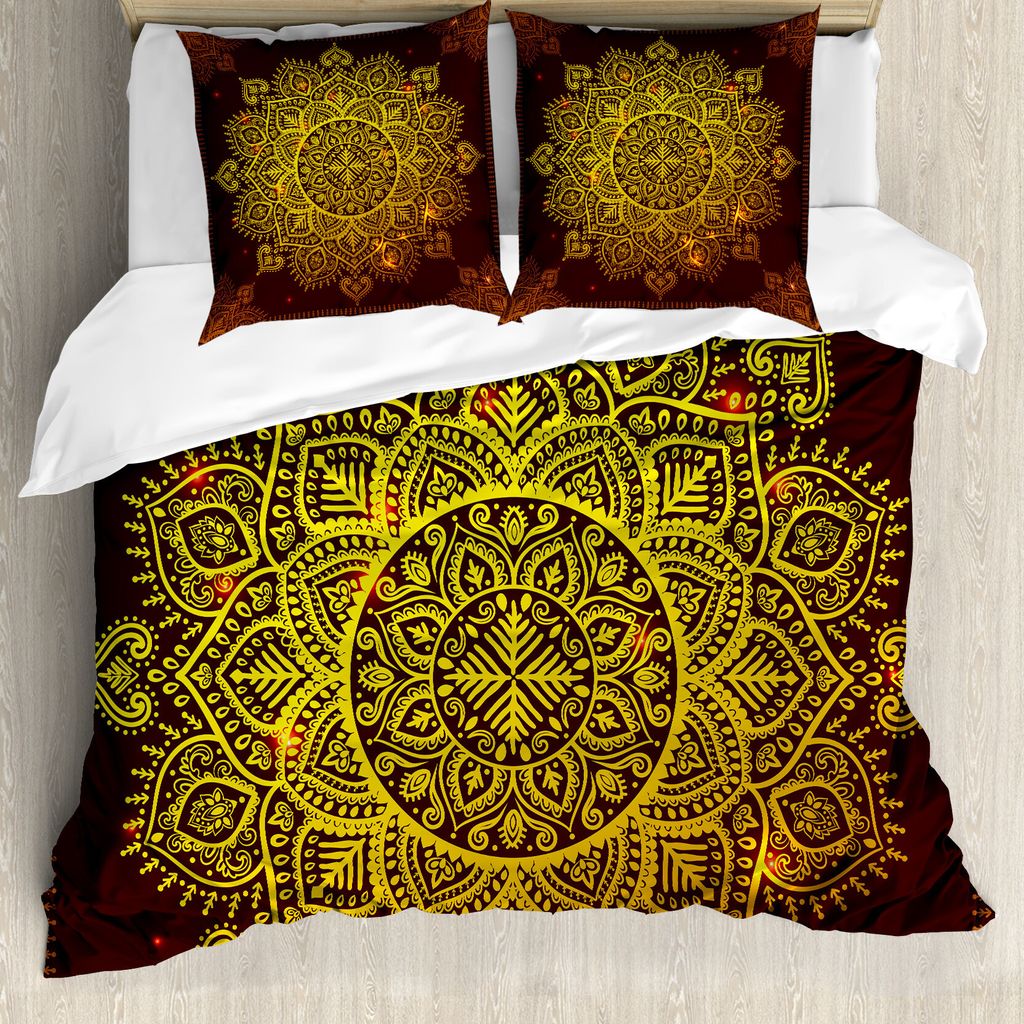 ABAKUHAUS Mandala Bettbezug, Oriental Snowflake Art, Milbensicher Allergiker geeignet mit Kissenbezügen, 200 cm x 200 cm - 80 x 80 cm, Gelb Braun