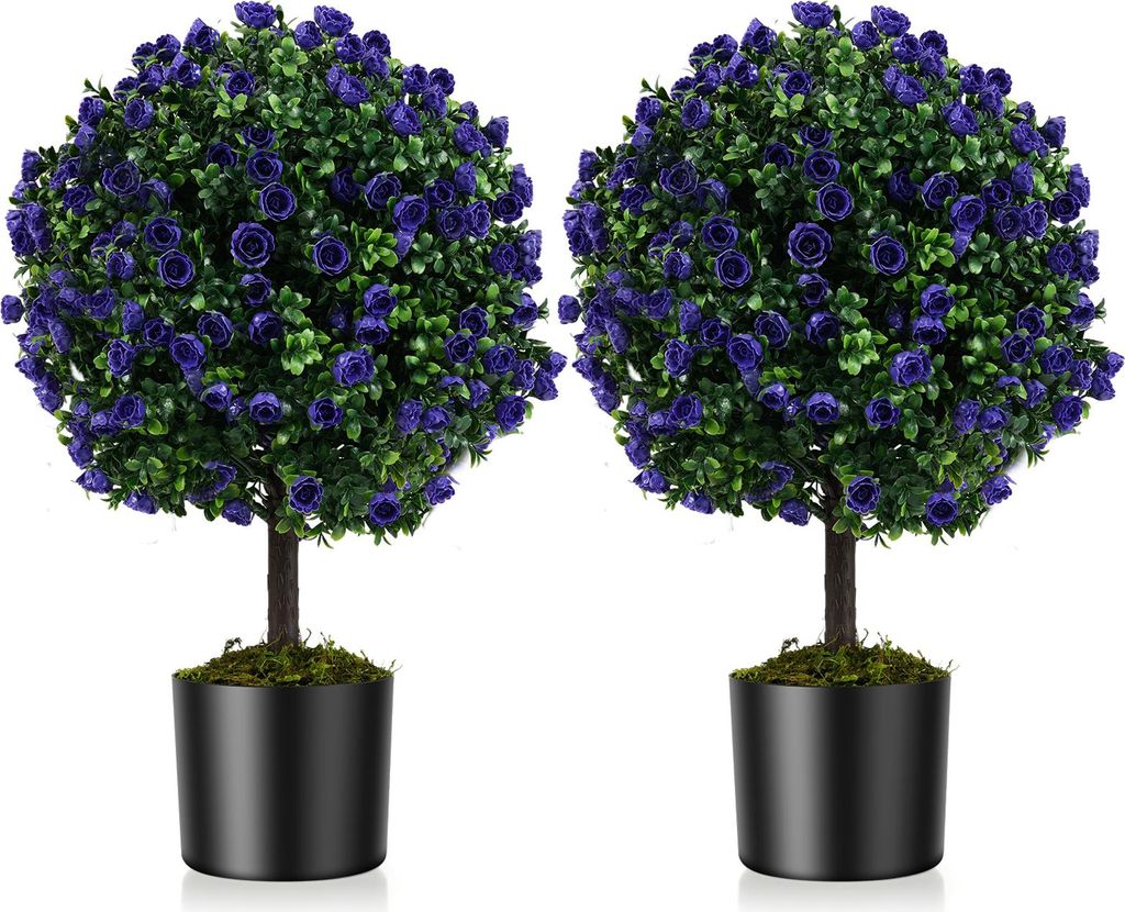 2er-Set Kugel-Buchsbaum mit künstlichen Rosen, Kunstpflanzen aus falschem Buchsbaum mit Zement gefülltem Topf & attraktive violette Blumen, Grün