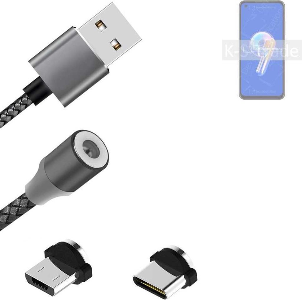 K-S-Trade Hochwertiges Magnet-Lade-kabel Sync-Kabel Daten-Kabel für Asus Zenfone 9 mit USB-Typ-C-Anschluss und Micro-USB-Anschluss 2A bis zu 480mbps