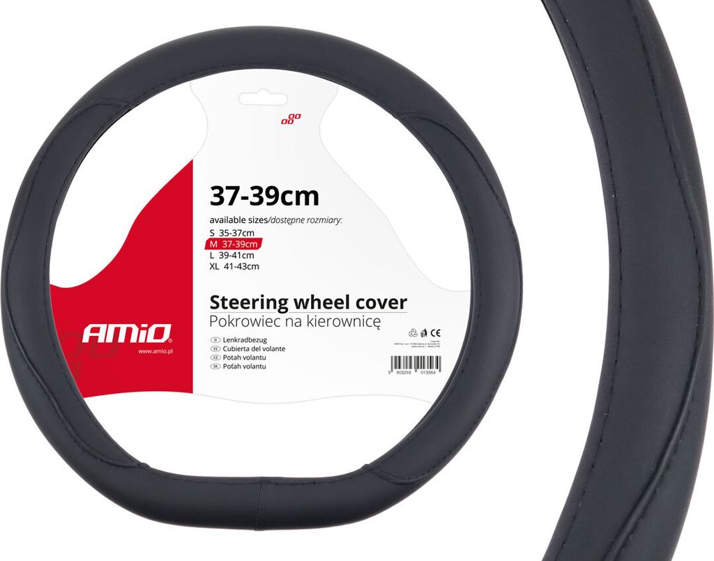 A black steering wheel cover is shown on a white background, with product information and branding visible on a label attached to the cover.