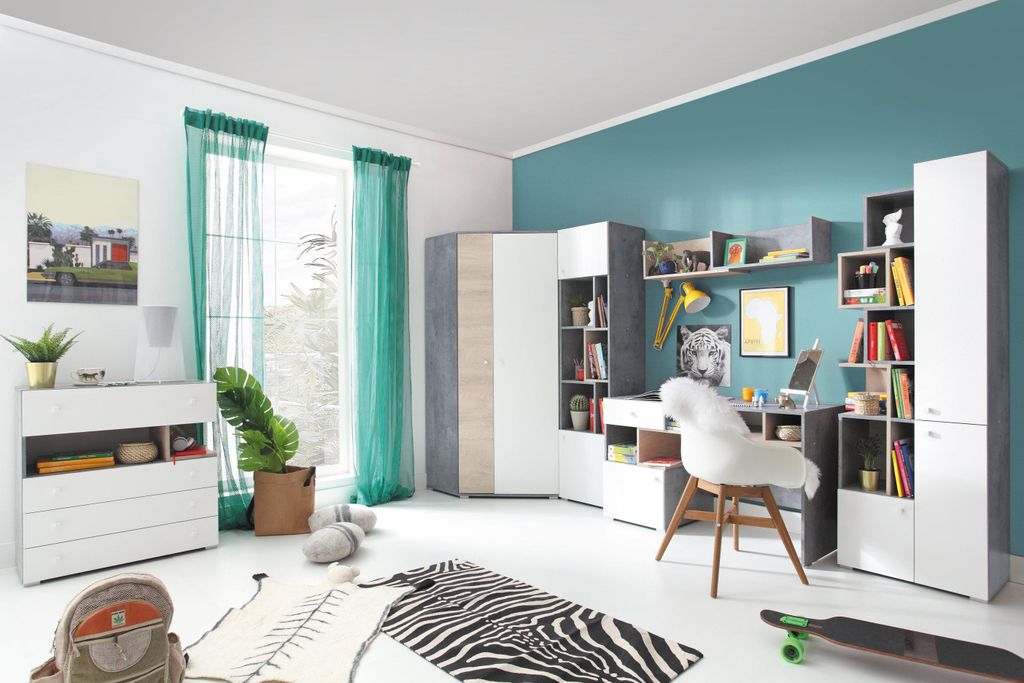 Schlafzimmer Set – 6 Teile – SIGMA System – Kleiderschrank – 2×Regalschrank – Schreibtisch –Kommode – Regal – Weiß / Sonoma Eiche