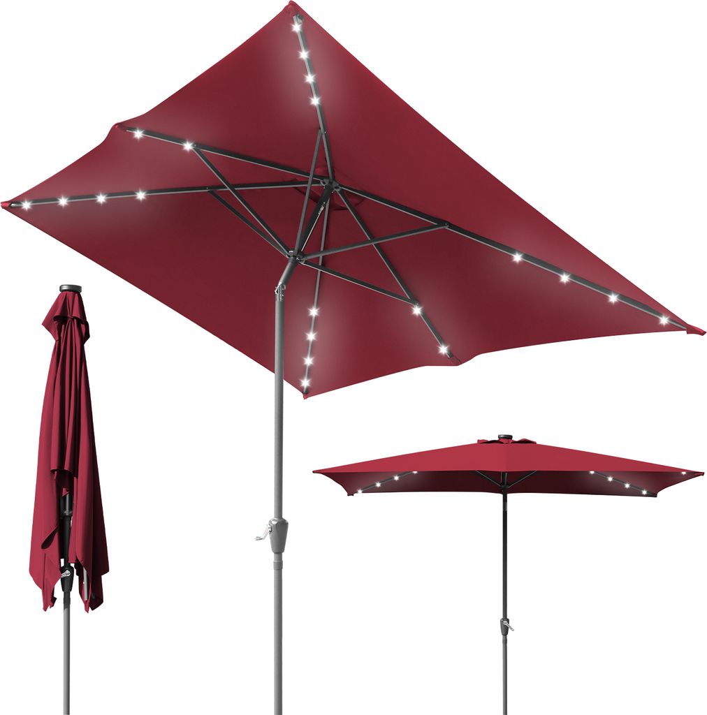 Hengda Sonnenschirm Ø300x200cm mit LED, UV-Schutz, Kurbel - Rot, Ampelschirm beidseitig um 30° knickbar Rechteckig Balkonschirm
