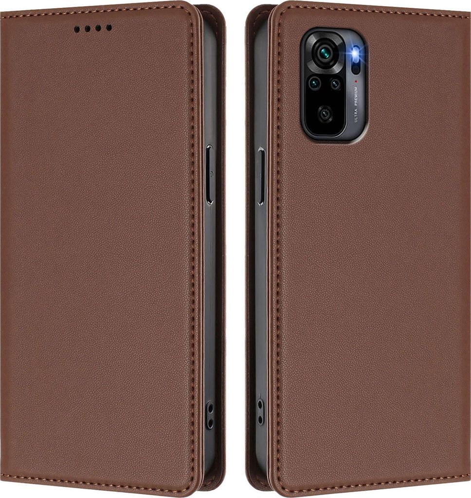 Handyhülle für Xiaomi Redmi Note 10S/Note 10 4G, Kunstleder Klapphülle Stoßfeste Magnetische Hülle mit Ständer Braun