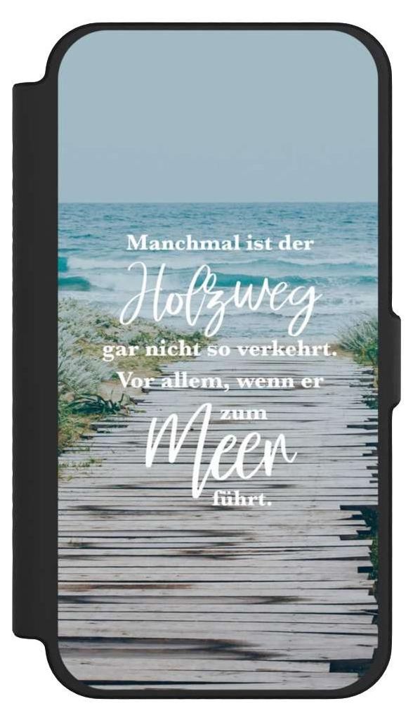 NIVOCASE Klapphülle für Apple iPhone 12 Pro Max Handyhülle aus Kunst Leder NIVOflip schwarz Statement Strand Spruch