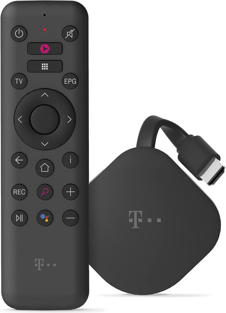 A black remote control and a black streaming device are shown on a white background.