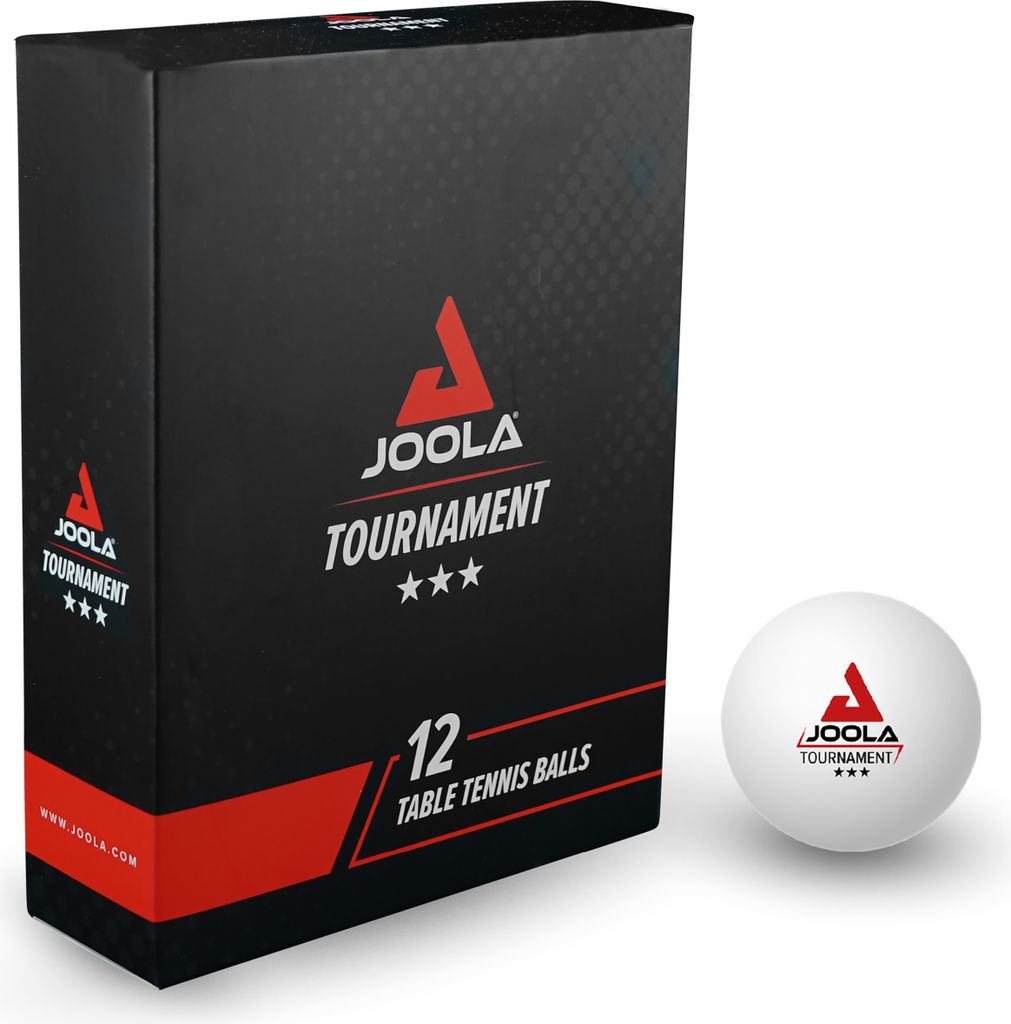 A box of JOOLA Tournament table tennis balls and one ball.
