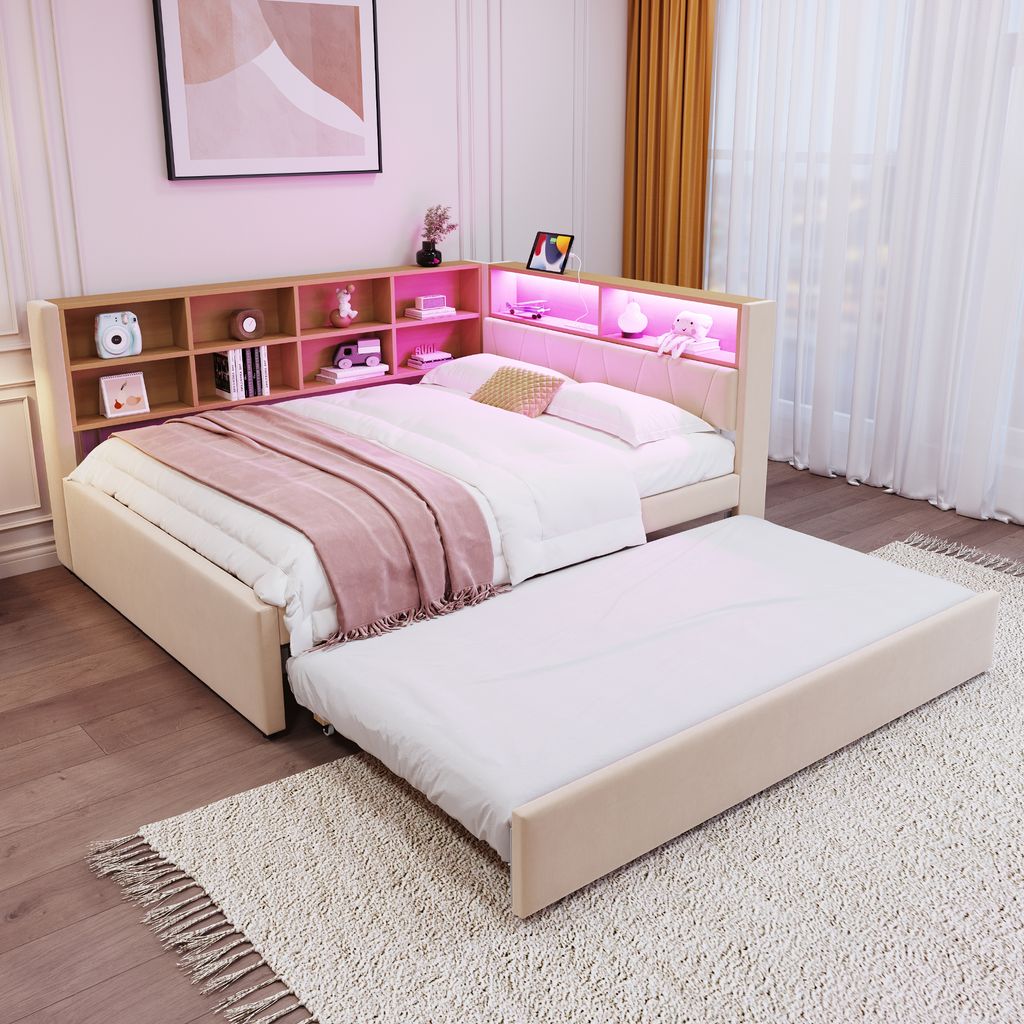 MODFU Schlafsofa 90*200 Multifunktionsschlafsofa,Einzelbett, ausgestattet mit LED Leuchten, Steckdosen und vielen Ablagefächern, ohne Matratze,Beige
