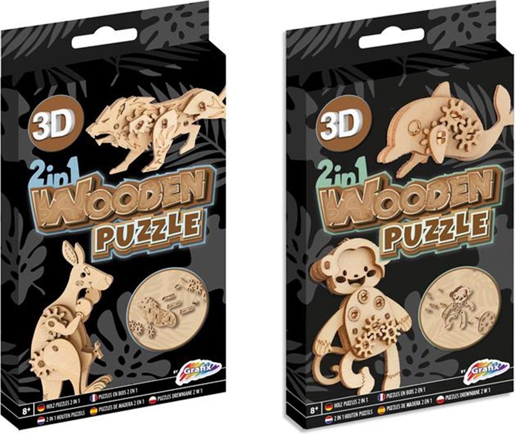 2-in-1-Holzbaukasten 3D-Puzzle - Delfin und Affe