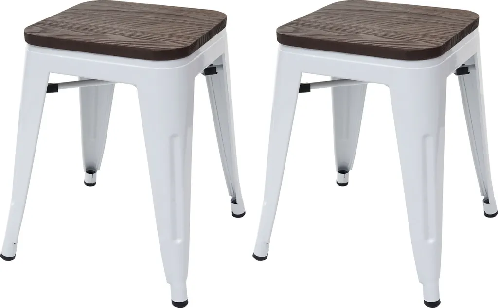 set di 2 sgabelli HWC-A73 incl. sedile in legno, sgabello in metallo sgabello, metallo design industriale impilabile ~ bianco