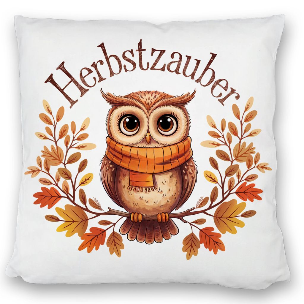 Niedliche Eule im Schal - Herbstzauber Kissen satiniert