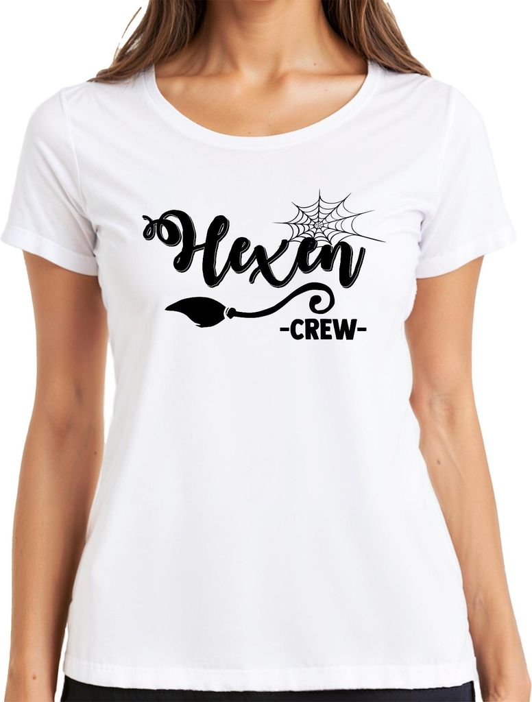 Hexen Crew Halloween Hexe Besen Spinnennetz Damen Frauen Team Damen T-Shirt, Weiß, M