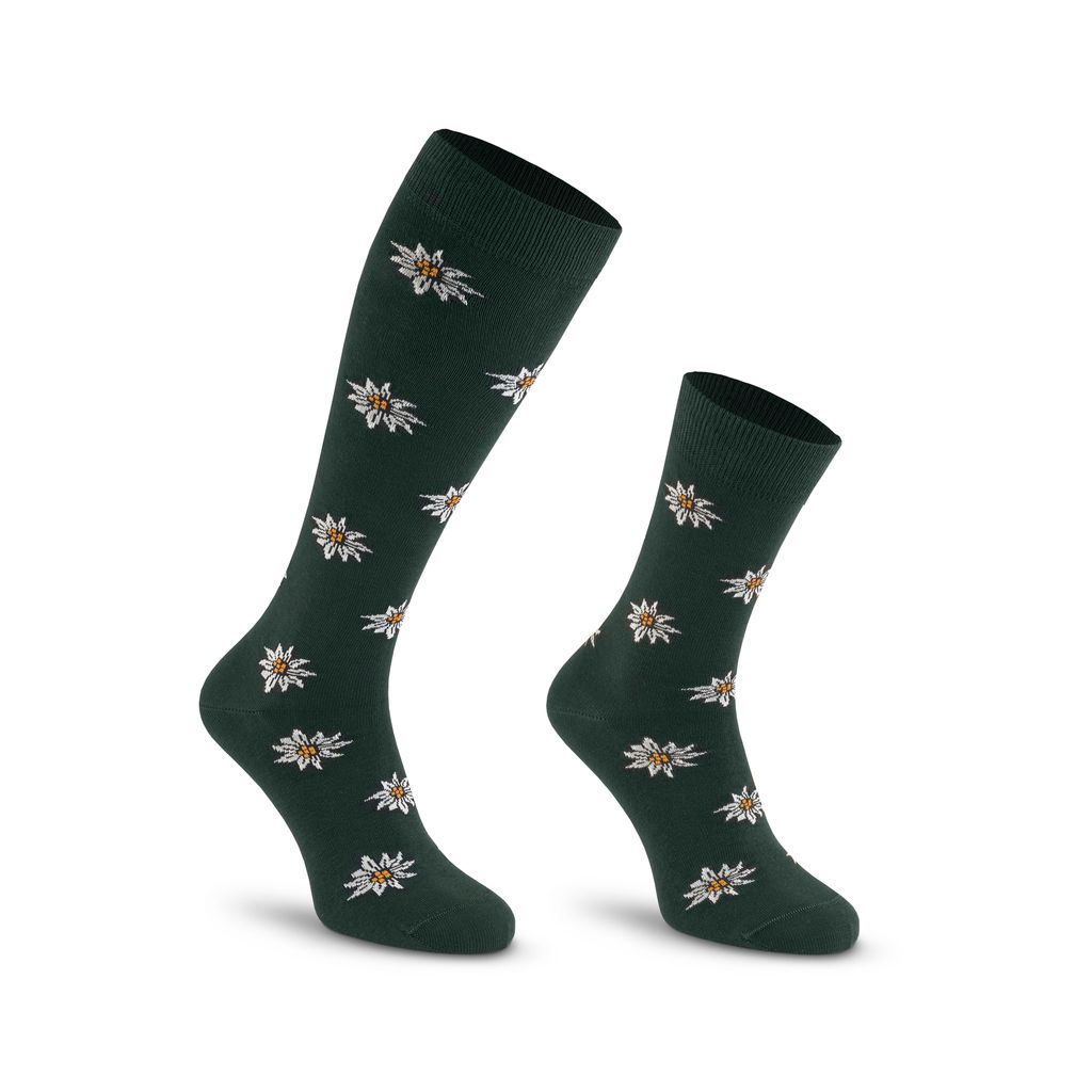 2er-Pack Socken und Kniestrümpfe mit traditionellem alpenländischen EDELWEISS-Muster,35-38,Grün