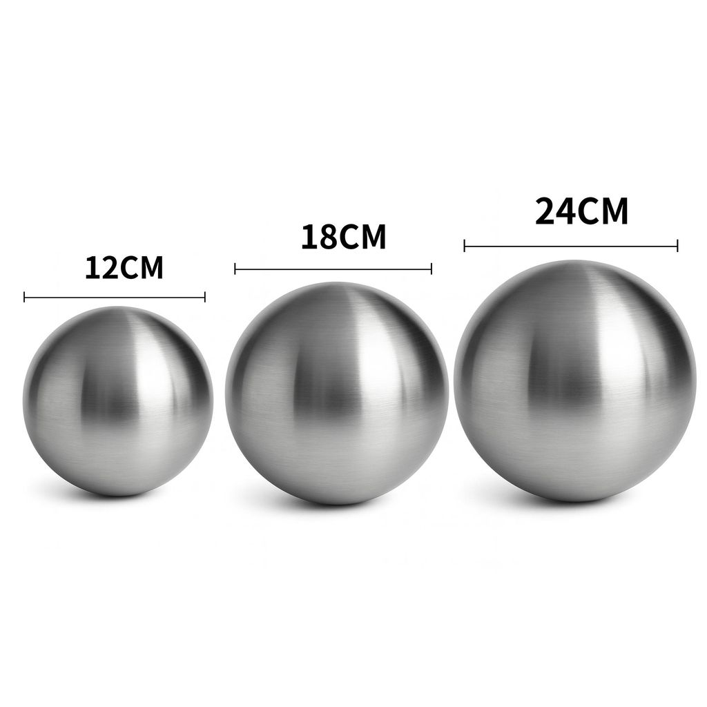 Three stainless steel spheres of different sizes are displayed side-by-side, with their diameters indicated by text labels.