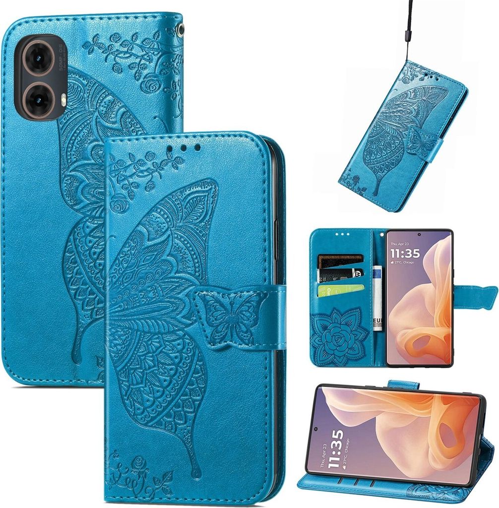 Für Motorola Moto G85 Kunstleder Wallet Handy Tasche Schmetterling Design Hülle Etuis Blau