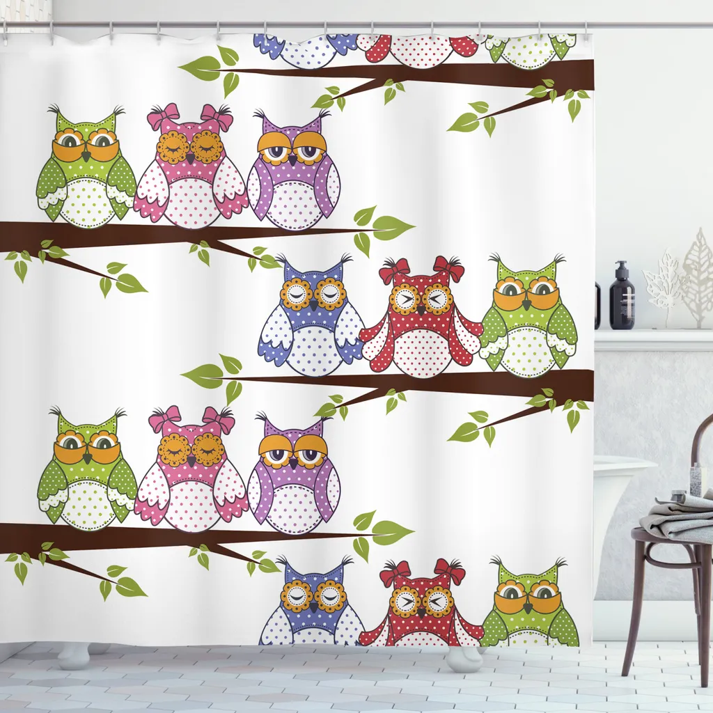 Tenda Doccia Gufi 175x220 cm ABAKUHAUS: Tessuto Lavabile con 12 Ganci