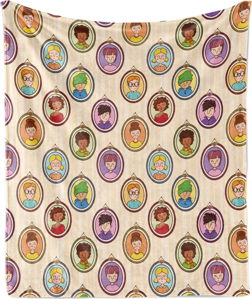 ABAKUHAUS Famiglia Morbida coperta in flanella e pile, varie immagini di persone all'interno Tabelle colorate Ritratti umani, 175 x 230 cm, lavanda Azzurro pallido Pesca scuro