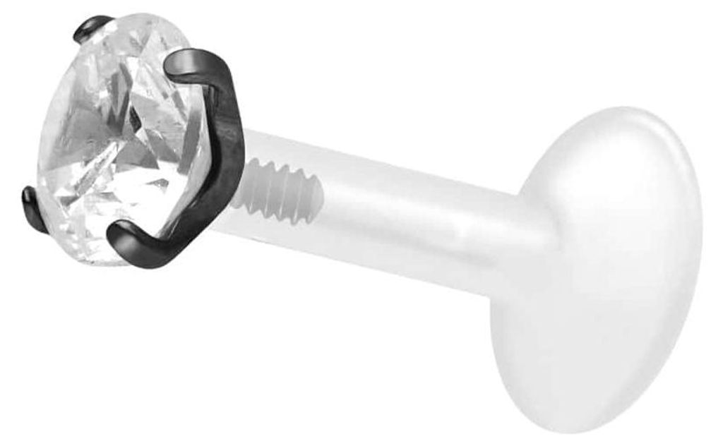 Ohrpiercing, Nasenpiercing PTFE Labret mit Innengewinde + Titan-Aufsatz EINGEFASSTER KRISTALL Schwarz Stablänge: 6mm | Stabstärke: 1,6mm | Krista...
