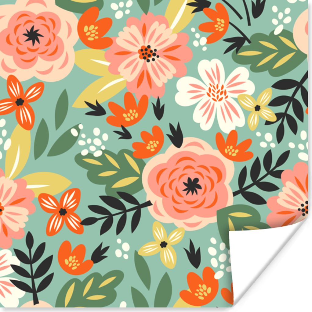 MuchoWow Poster Blumen - Illustration - Muster 100x100 cm - Babyzimmer