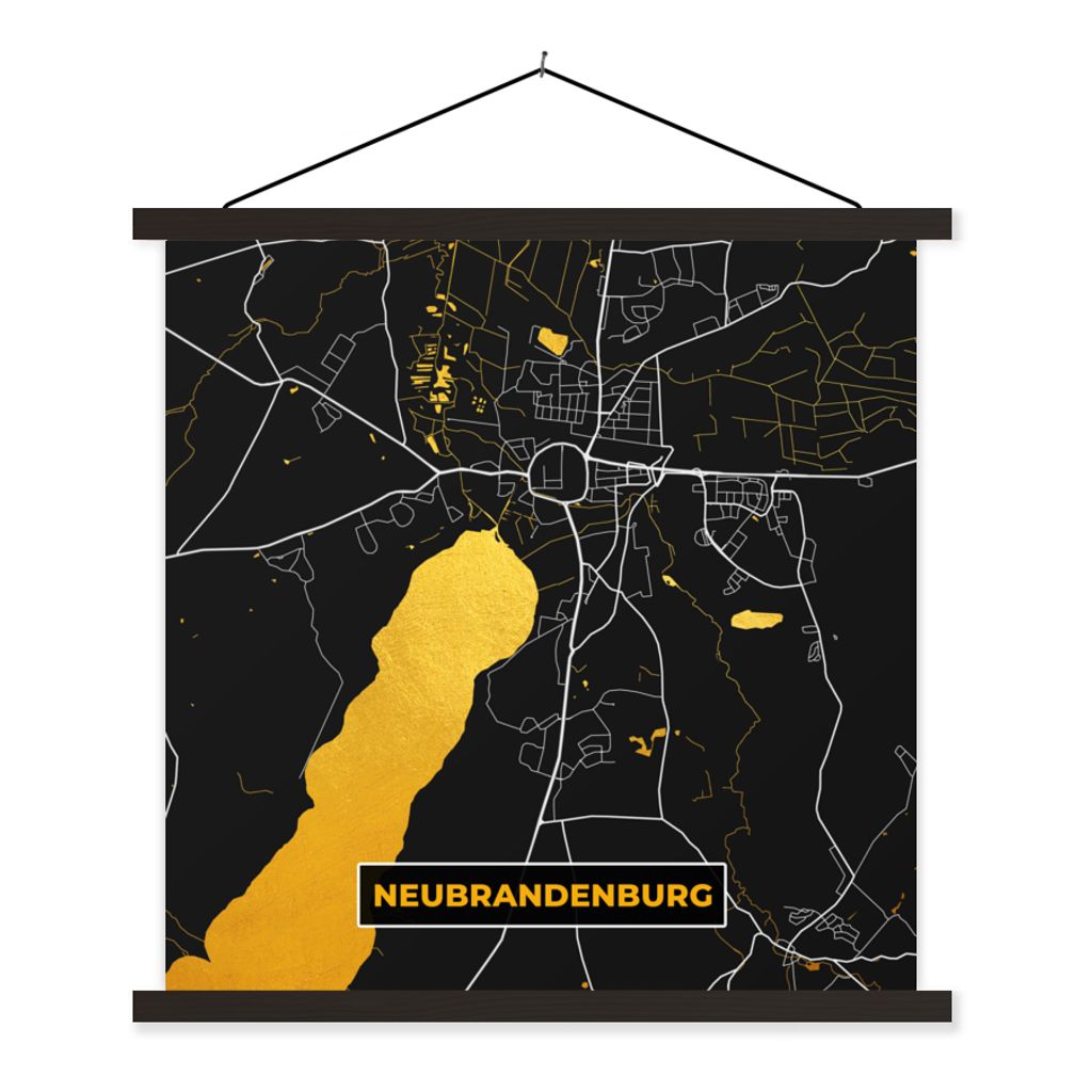 MuchoWow Textilposter Neubrandenburg - Gold - Karte - Stadtplan - Deutschland 40x40 cm mit schwarzem Rahmen - Fotos
