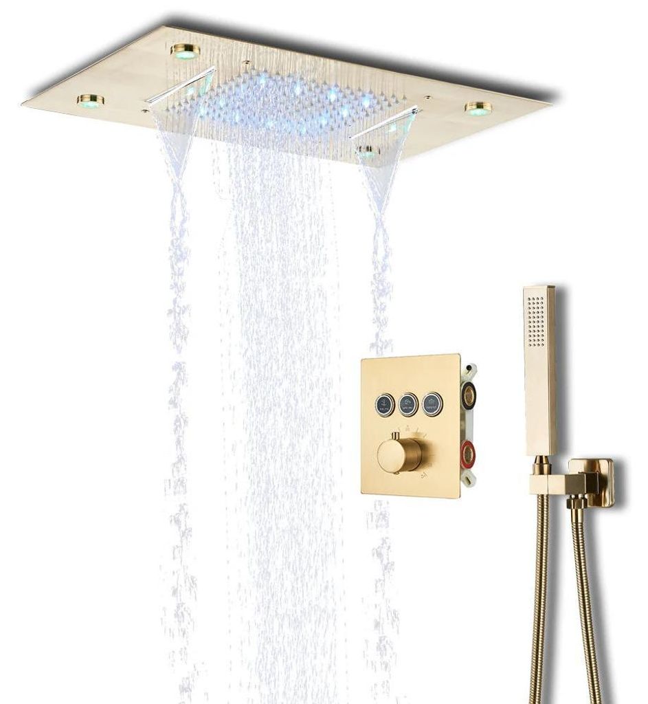 Deckendusche Set - Thermostat Duschsystem - LED Regen & Wasserfall - LED-Farben Mit Fernbedienung - Deckenmontage - Duschkopf >40 cm - Gebürstetes...