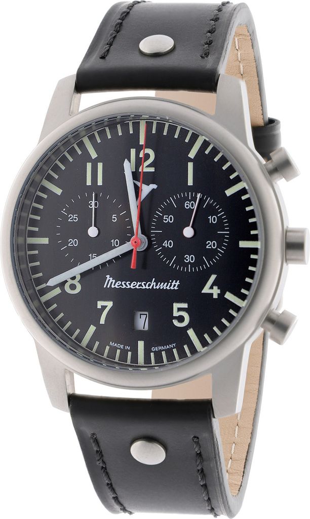 Messerschmitt Fliegerchronograph - Herren Quarzuhr- schwarzes, edles Design mit Lederband - ME4544-5021