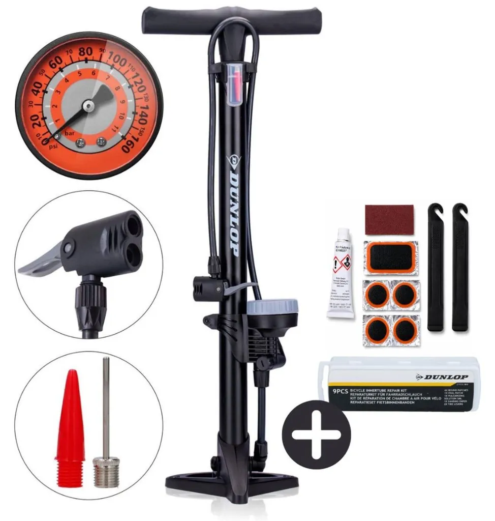 Pompe à Vélo Manomètre Dunlop avec Outils de Réparation pour Cyclistes