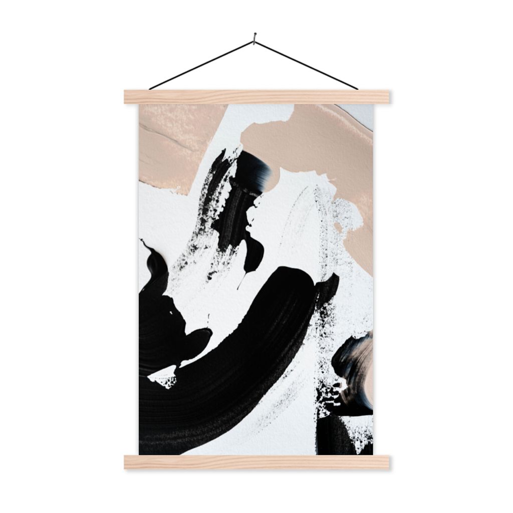 MuchoWow Textilposter Schwarz - Abstrakt - Design 120x180 cm mit holzfarbenen Rahmen - Textil-Plakat