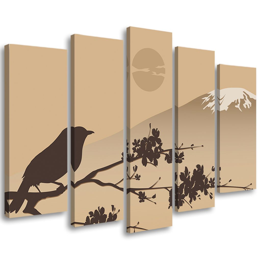 5-teiliges leinwandbild japan fuji vogel beige 150x100 cm Feeby beige wandbild bereit zum aufhängen
