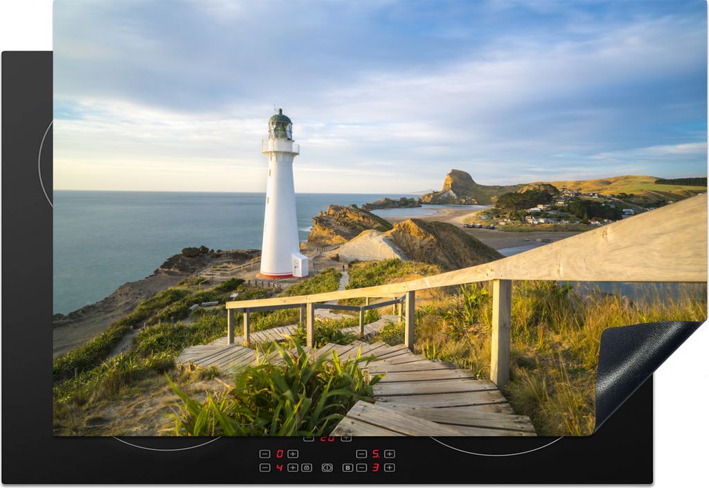 KitchenYeah Herdabdeckplatte Meer - Leuchtturm - Weiß , 76x51cm, Küche Deko, Glaskeramikfeld Herdabdeckung, Abdeckplatte fùr Kochfeld