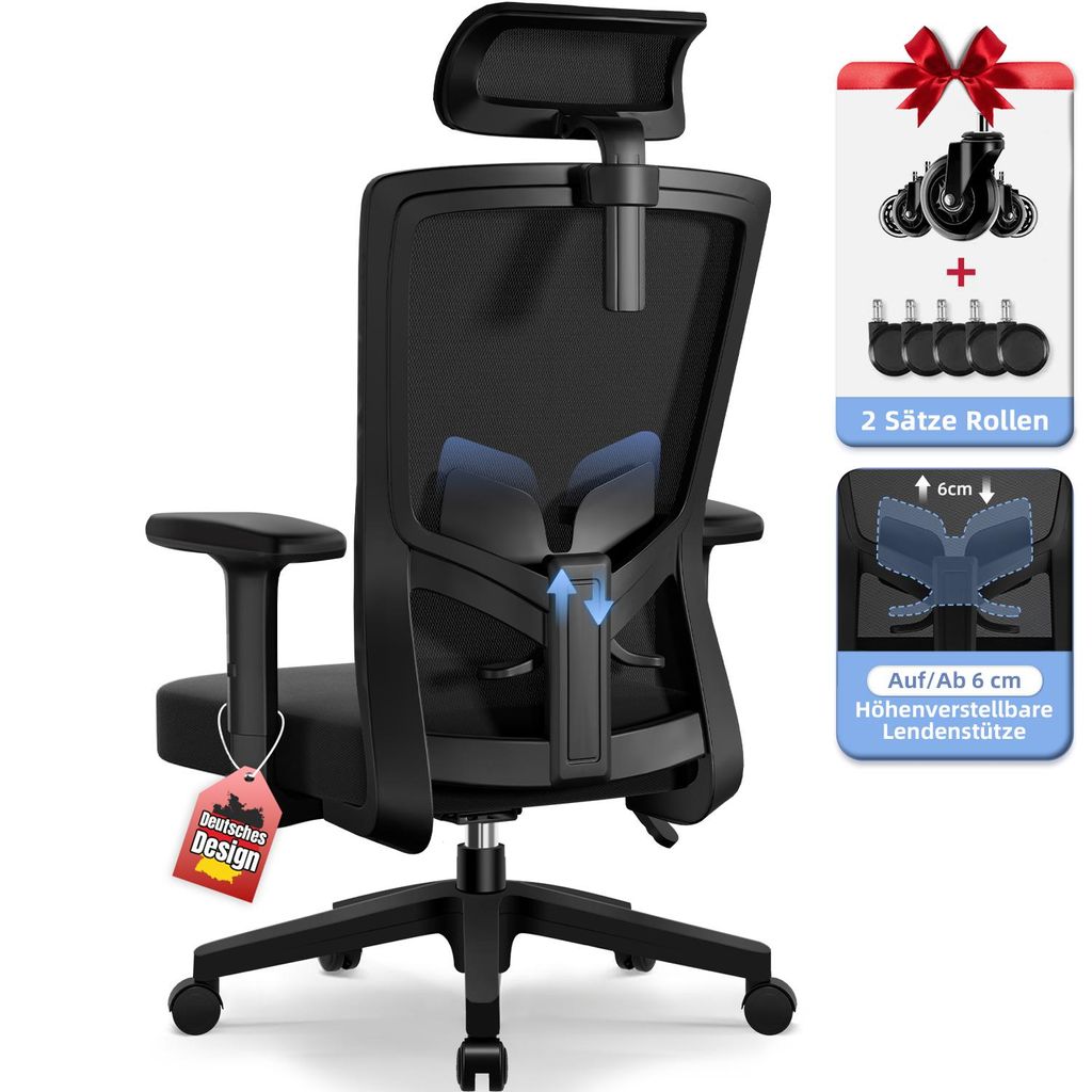 Aiibot Bürostuhl Ergonomisch, Schreibtischstuhl mit Verstellbarer Kopfstütze, Armlehnen, Lendenwirbelstütze, Chefsessel, Drehstuhl, Bürostuhl 1...