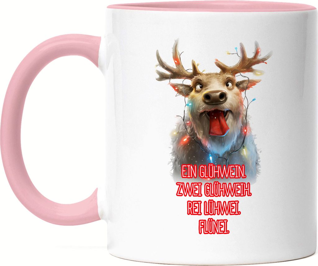 Ein Glühwein Zwei Glühweih Glühwein-Becher Rentier Julklapp Geschenk Tasse Rosa Weihnachten