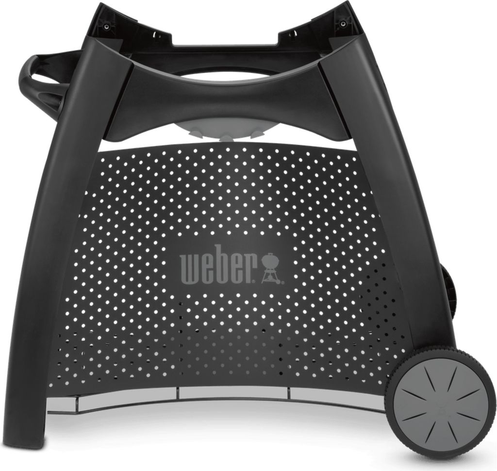 A black Weber grill stand with wheels, shown from the front.