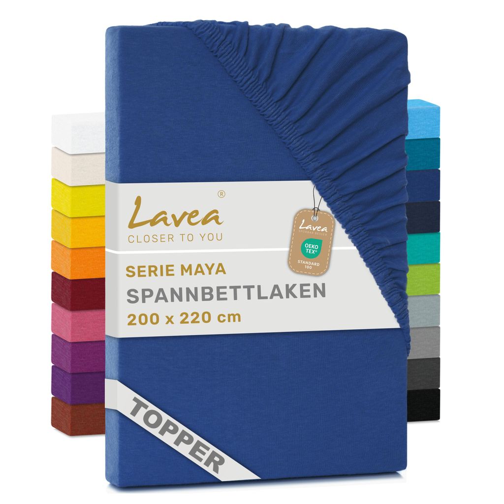 Lavea Topper Spannbettlaken 200x220 cm Maya Jersey, Bettlaken 100% Baumwolle, Bettbezug Matratzen bis 10 cm, Spannbettücher, Royalblau