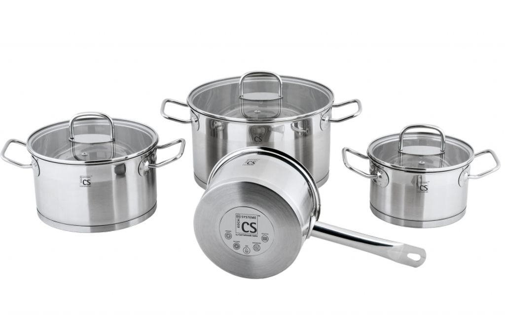 A set of stainless steel pots and pans with glass lids, arranged on a white background.