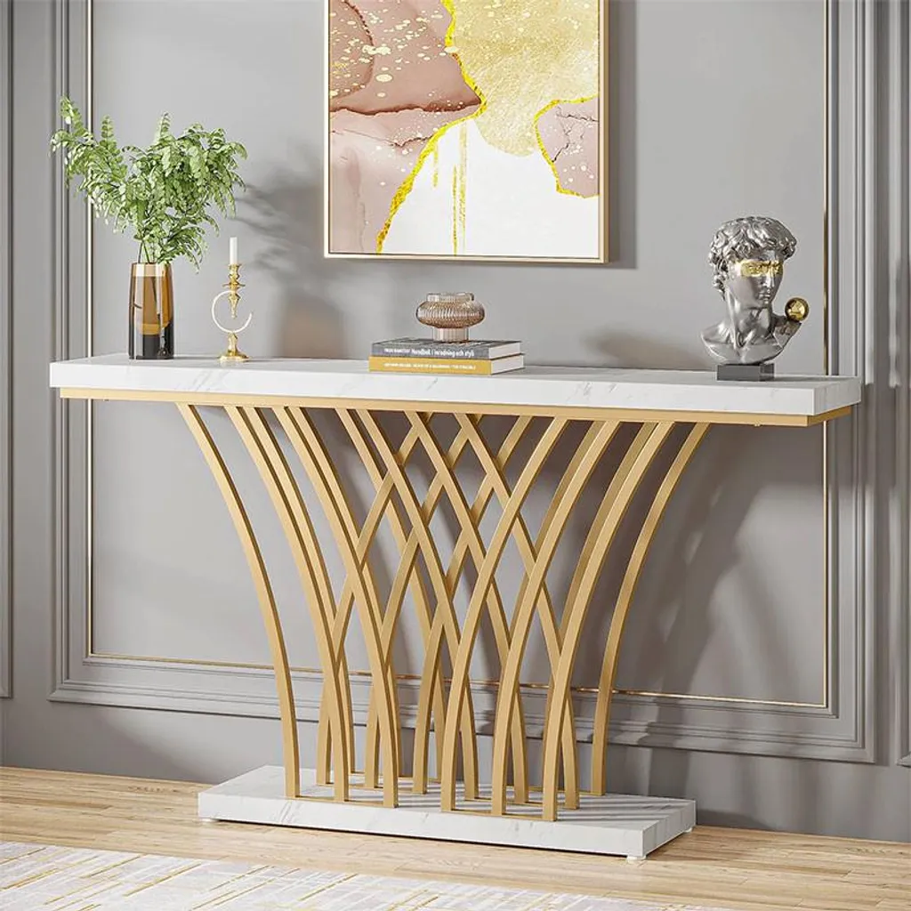 Table d'Appoint Longue 150 cm avec Structure Dorée et Plateau Blanc