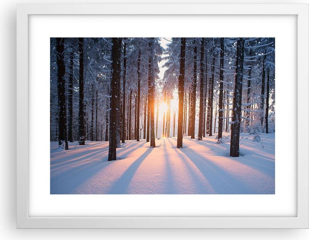Gerahmtes Poster - Weißer Rahmen - Wald Winter Schnee - 40x30 cm - Wand Bild - Wanddeko - Wandbilder - Kunstposter - Wandposter - Bilderrahmen - B...