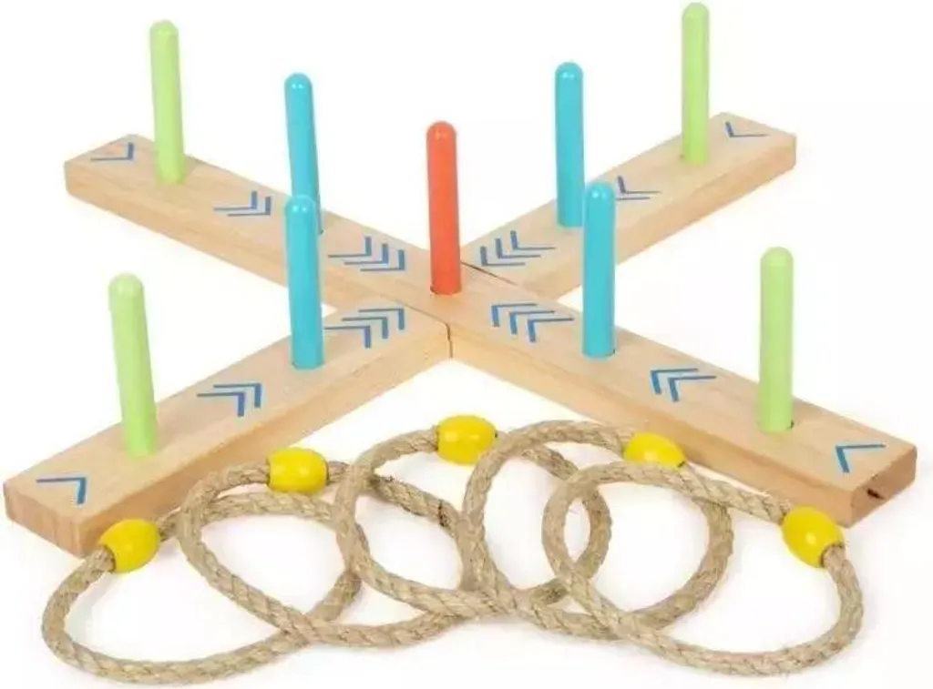 Croix de lancer en bois naturel avec 5 anneaux : kit complet d'adresse