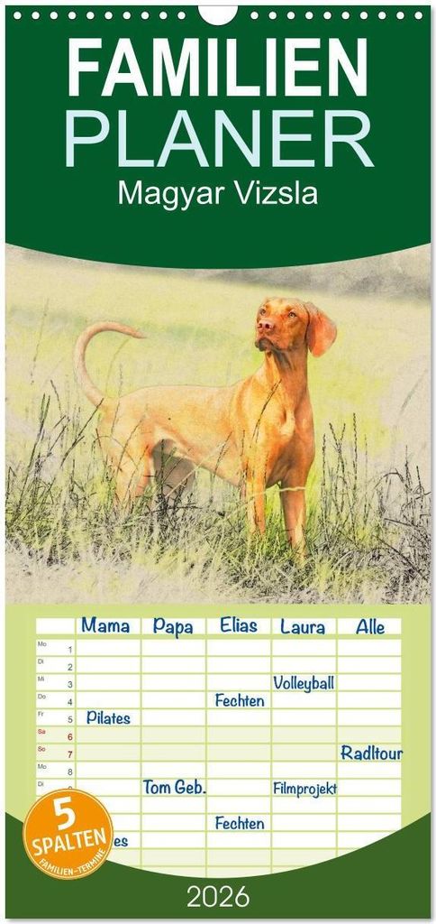 Familienplaner 2026 - Magyar Vizsla 2026 mit 5 Spalten (Wandkalender, 21 x 45 cm) CALVENDO