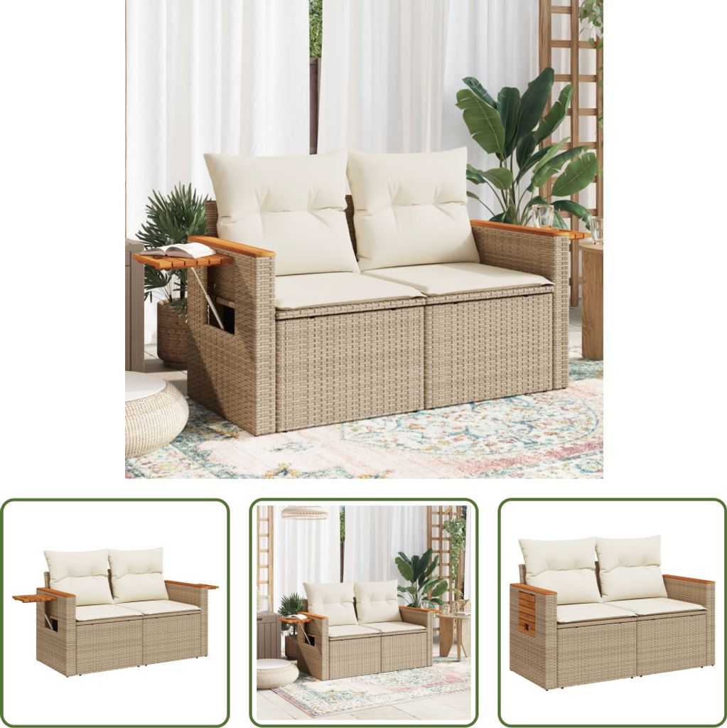 The Living Store Gartensofa mit Kissen 2-Sitzer Beige Poly Rattan