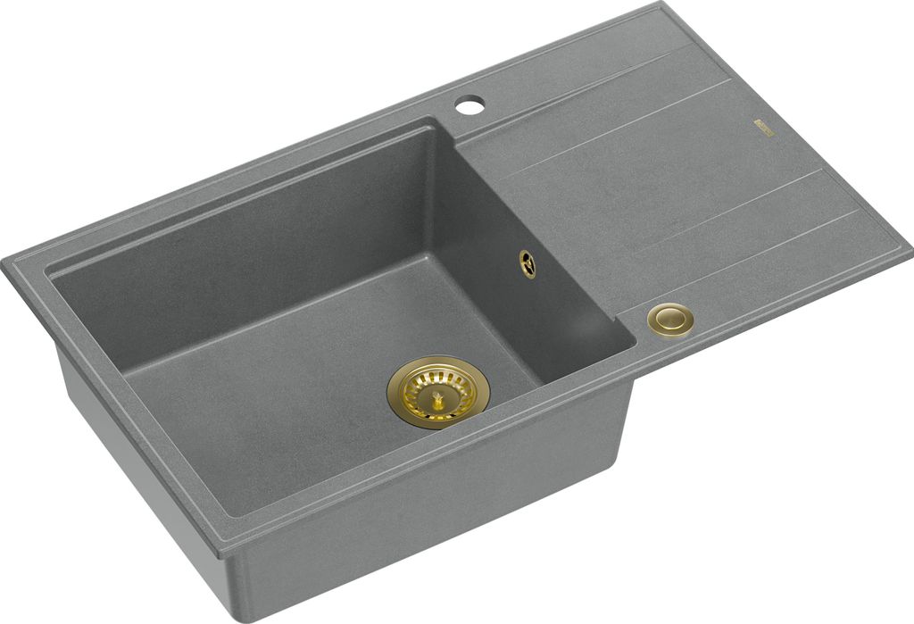 QUADRON Spülbecken 1-Becken Spüle | Größe: 86 x 50 x 21 cm | EVAN 136 | Küchenspüle Granitspüle aus GraniteQ mit Siphon | Grau & Golden