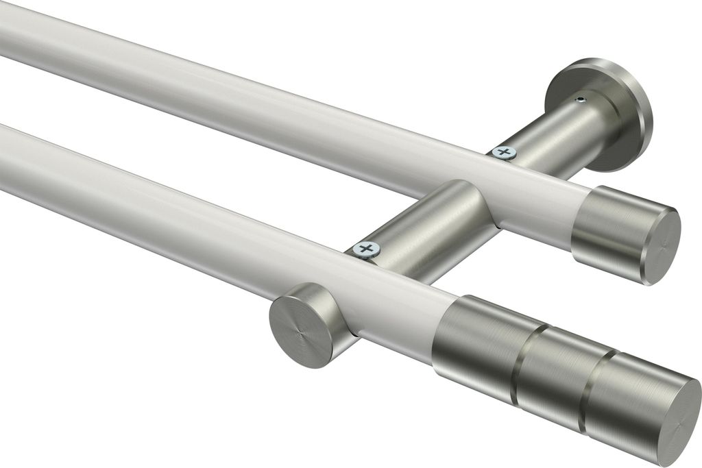 Interdeco Gardinenstange / Vorhangstange Weiß / Edelstahl-Optik, Typ Platon Elanto (Rillenzylinder) ohne Ringe, 20 mm Ø 2-läufig, 540 cm