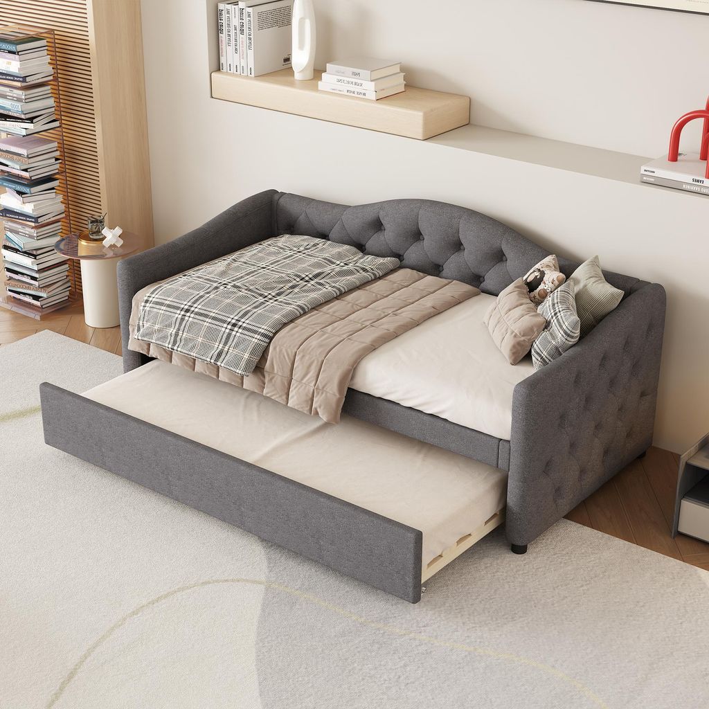STILVORA Schlafsofa Tagesbett 90x200cm mit ausziehbarem Bett Einzelbett mit Holzlattenrost,Jugendbett ohne Matratze,Grau