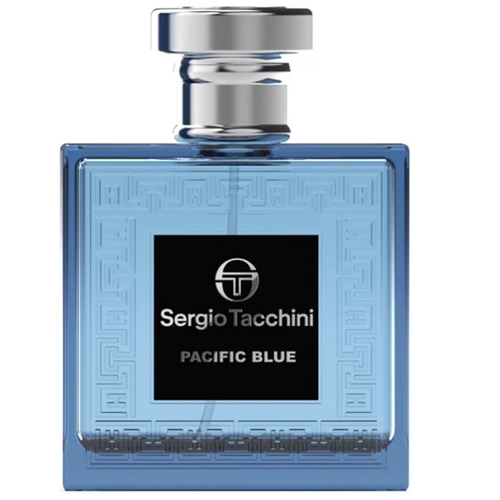 A studio shot of a blue glass perfume bottle with a silver cap.