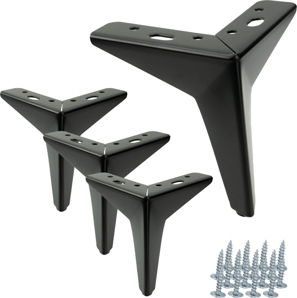 A set of four black metal furniture legs and screws on a white background.