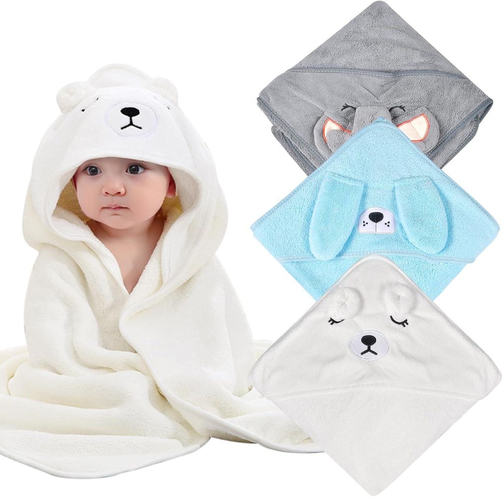 3-teiliges Baby-Bade-Set mit Kapuze, Bademantel und Badetuch mit Kapuze, 80 x 80 cm, aus Bio-Bambusfaser, extra weich, saugfähig und atmungsaktiv ...