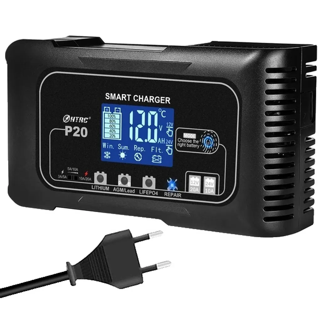 Chargeur de batterie de voiture 20A avec fiche EU et mode impulsion