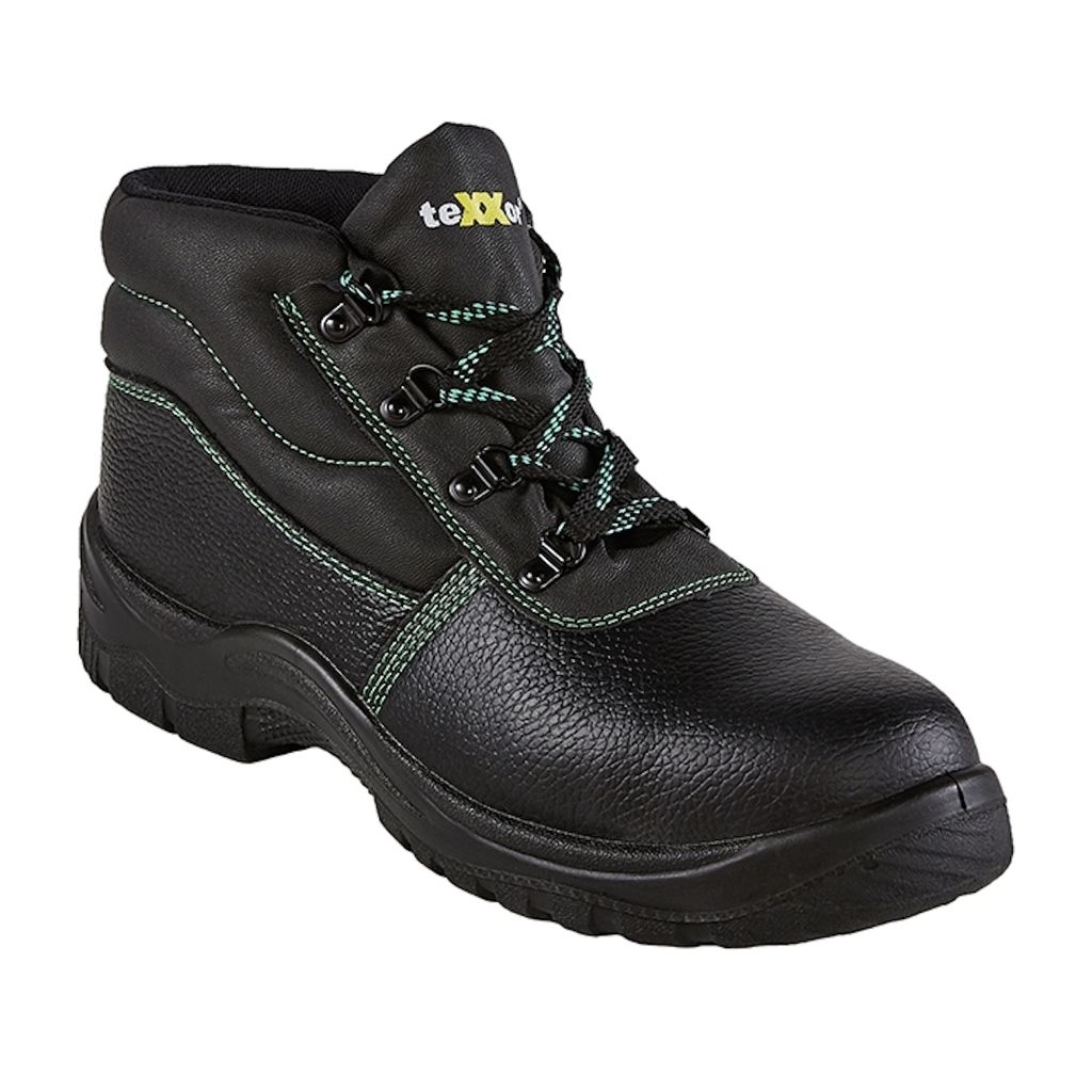 A black safety boot with green stitching and laces, shown against a white background.
