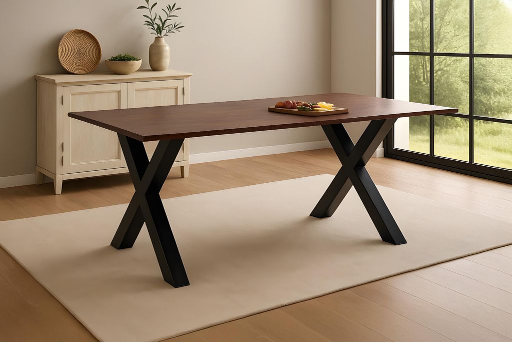 Esstisch 200x100 cm Akazie massiv kastaniefarben Schweizer Kante X-Gestell schwarz RITA