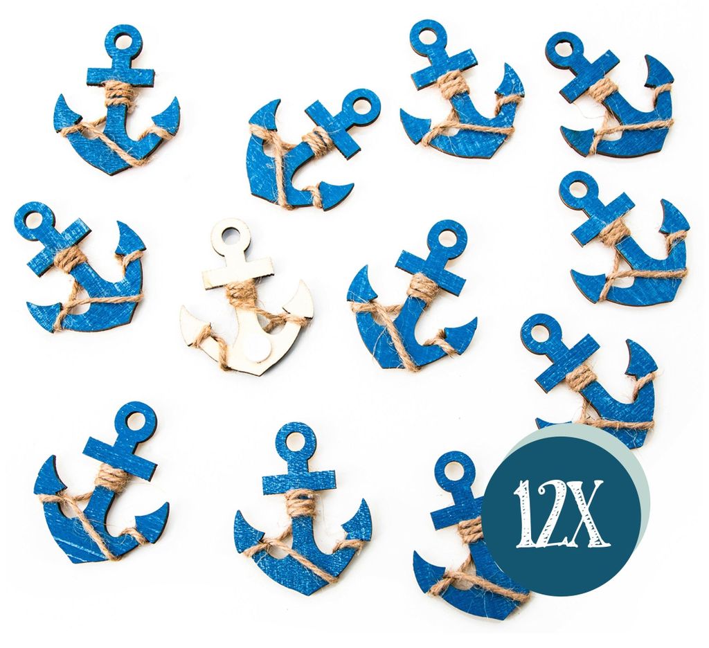 12 kleine blaue Holzanker MIT Klebepunkt: Maritime Deko Schiffsanker Anker Streuteile Streudeko Zierstreu Mini Tischschmuck Hochzeit Event Business...
