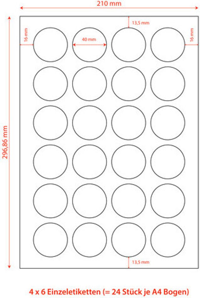 2400x Etiketten Labels selbstklebend weiß rund Durchmesser: 40mm auf DIN A4